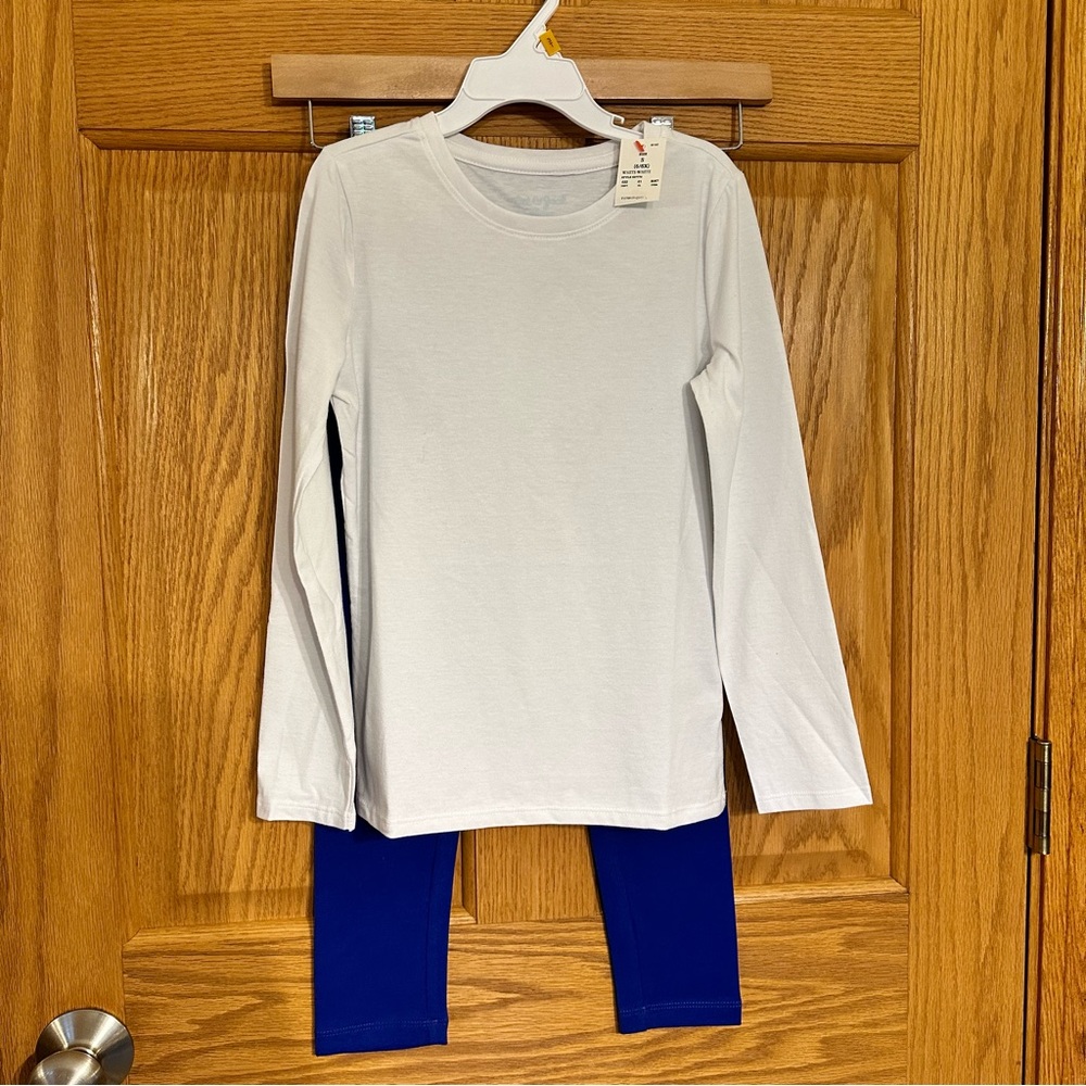 Bundle of 4 Cat & Jack  S items: 3 blue leggings and 1 white long sleeve…